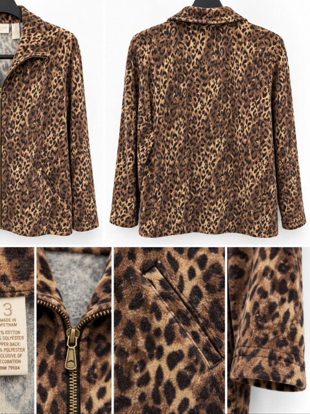 Weekends by Chico’s Leopard Print Zip Front Jacket Size 3 XL Brown Animal Print